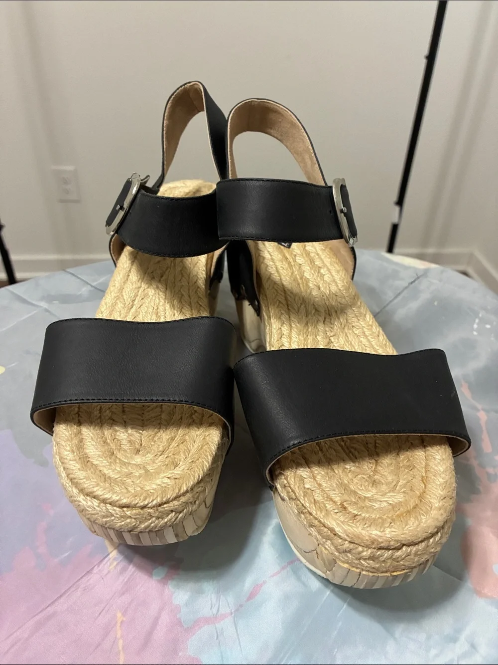 John Fluevog Black Leather Espadrille Wedge Sandals